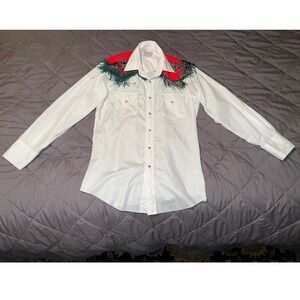 Vintage H Bar C Ranchwear Western Shirt White Red Yoke Green Fringe Pearl Snaps